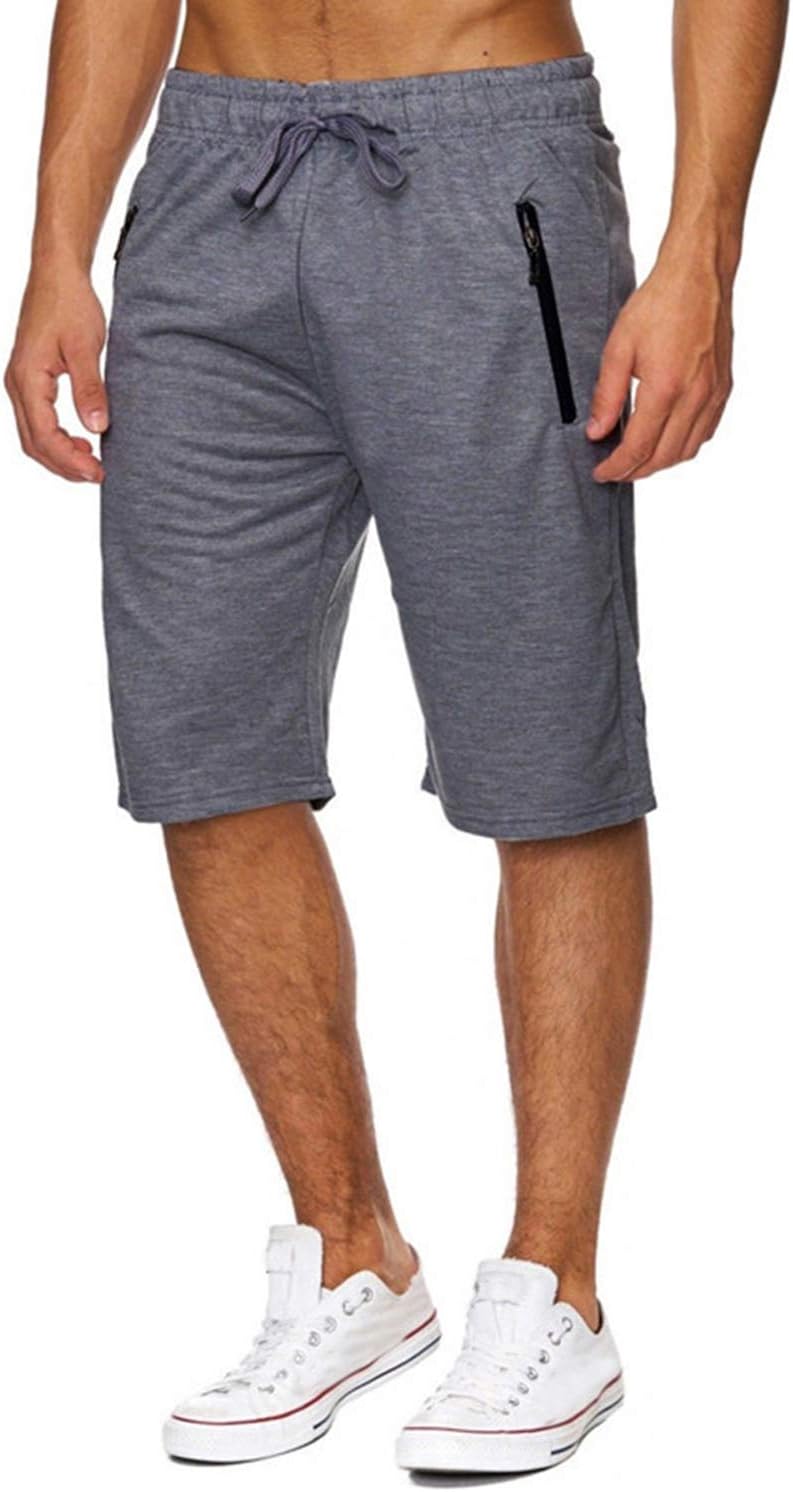 Mens Elastic Waist Drawstring Summer Workout Shorts with Zipper Pockets