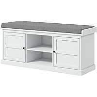 HOMCOM Entryway Shoe Bench with Padded Seat Cushion, Shoe Storage Bench with 2 Cabinets and Adjustable Shelf for Hallway, Whi
