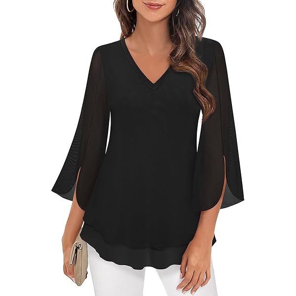 トップス Multiway Layered Tops Women's 2024 Dressy Casual V Neck 3/4 Tiered Bell Sleeve