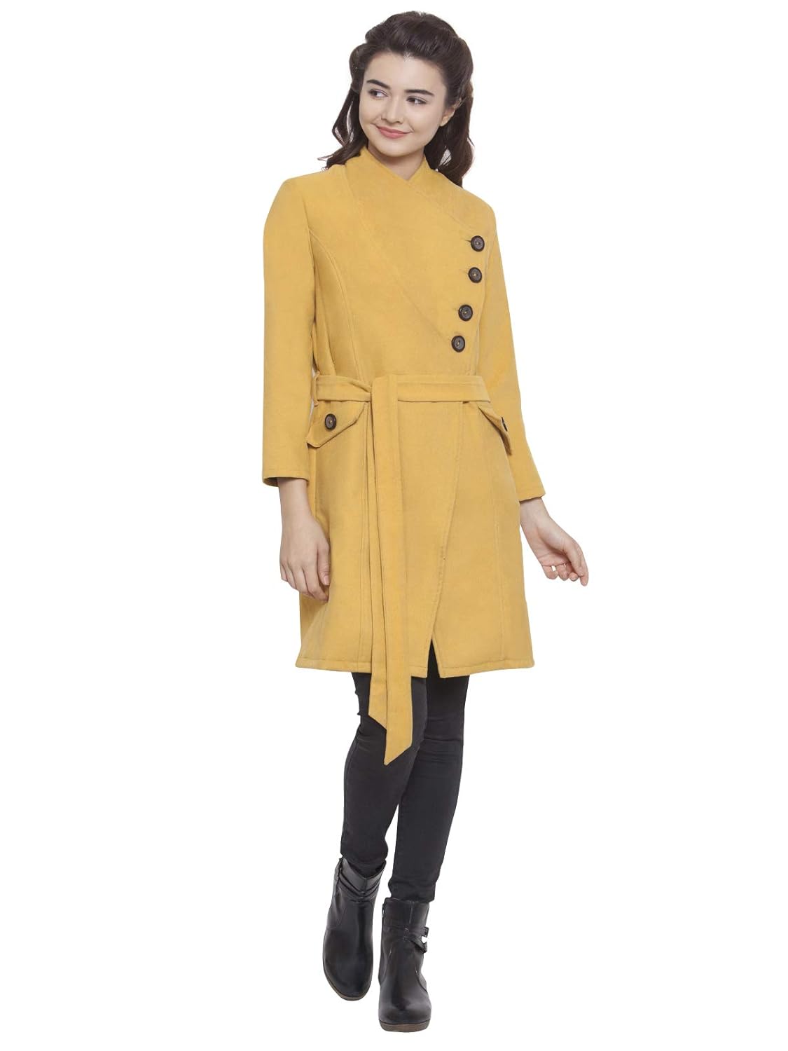 martini women yellow asymmetric long woolen felt coat