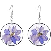 FM FM42 Multicolor Larkspur Dried Natural Real Flowers Round Shaped Simulated Resin Drop Dangle Hook Earrings