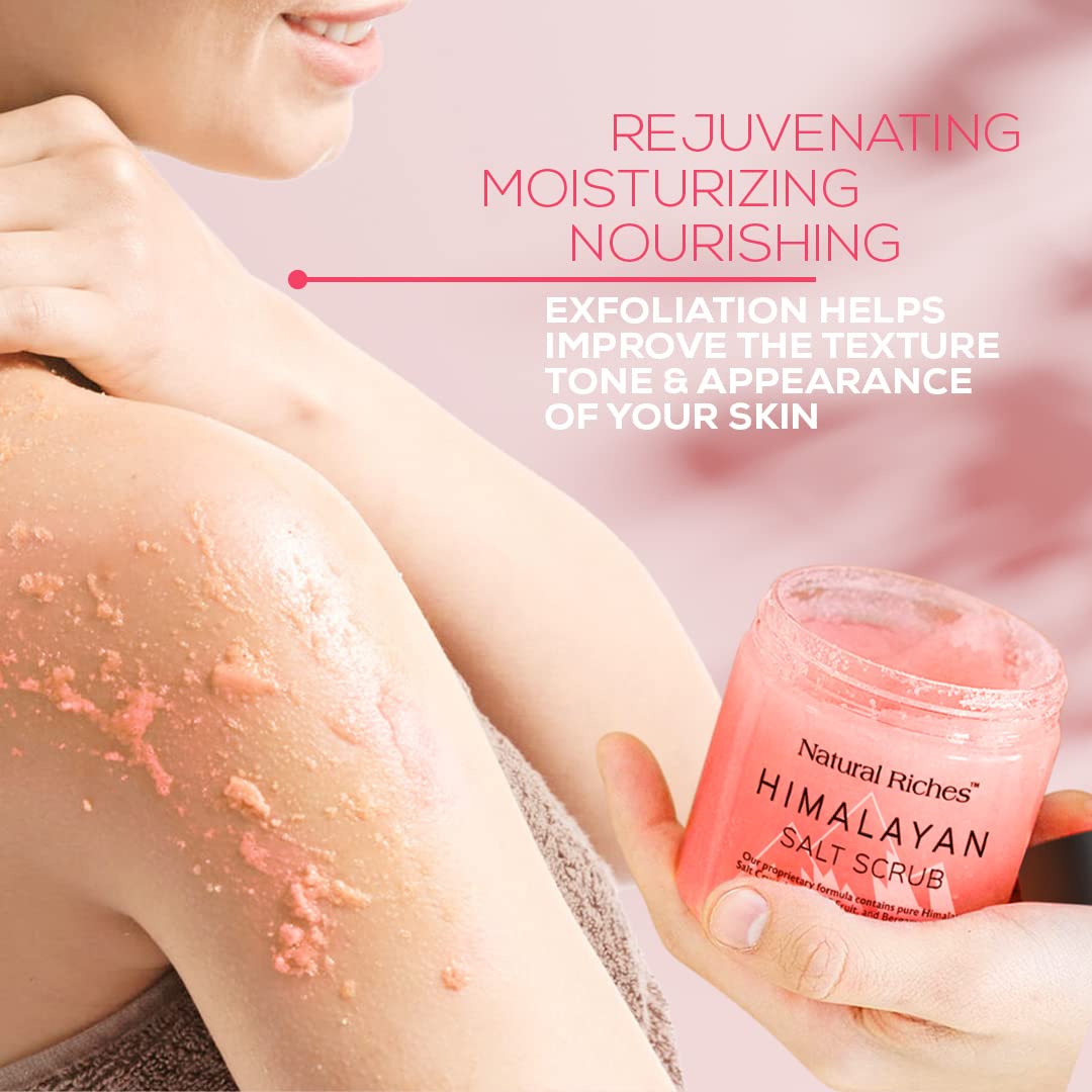 Natural Riches Himalayan Pink Salt Body Scrub, Exfoliating Salt Scrub for Women & Men, Deep Cleansing Body Exfoliant with Lychee & Bergamot Essential Oil – Natural Skin Polish for Smooth, Radiant Glow