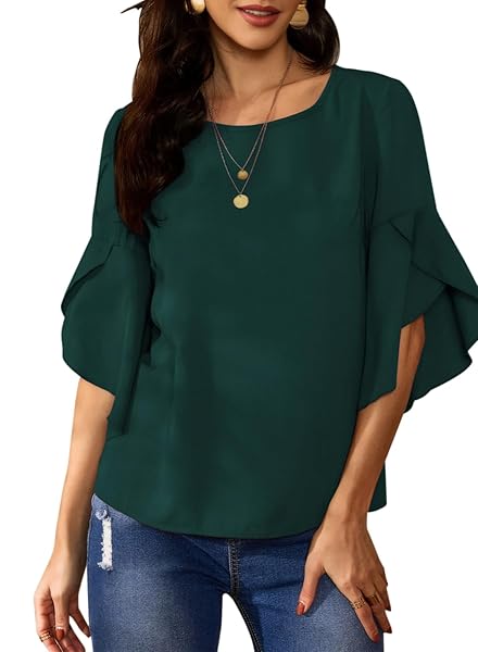 WOMENS SUMMER TOPS RUFFLE SLEEVE BOAT NECK PLAIN SHIRTS LOOSE FIT FLOWY BLOUSES GREEN