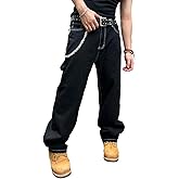 QGRSWBC Men's Baggy Jeans Loose Fit Denim Pants Wide Leg Ripped Jeans Y2K Clothes Streetwear Black