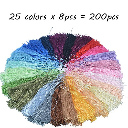 200 Pcs 13cm/5 Inch Silky Handmade Soft Craft Mini Tassels with Loops for Jewelry Making, DIY Projects, Bookmarks, 25 Colors, 8 Pcs of Each