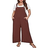 AusLook Plus Size Women's Adjustable Straps Jumpsuits Casual Loose Wide Leg Overalls with Pockets