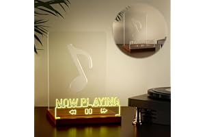 DREAMFORT Now Playing Vinyl Record Stand Light up Record Holder Storage Adjustable Brightness Vintage Wooden Acrylic for Vinyl Album Display Music Decor(Musical Notes)