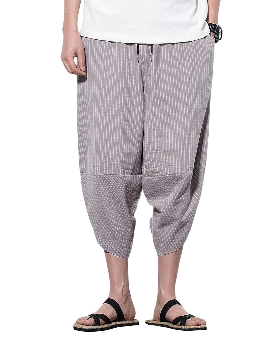 INVACHI Mens Casual Elastic Waist Linen Capri Wide Leg Baggy Harem Pants Trousers