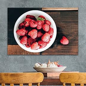 Canvas Wall Art - A Bowl of Raspberries on Wooden Background - Giclee Print Gallery Wrap Modern Home Art Ready to Hang - 12x18 inches