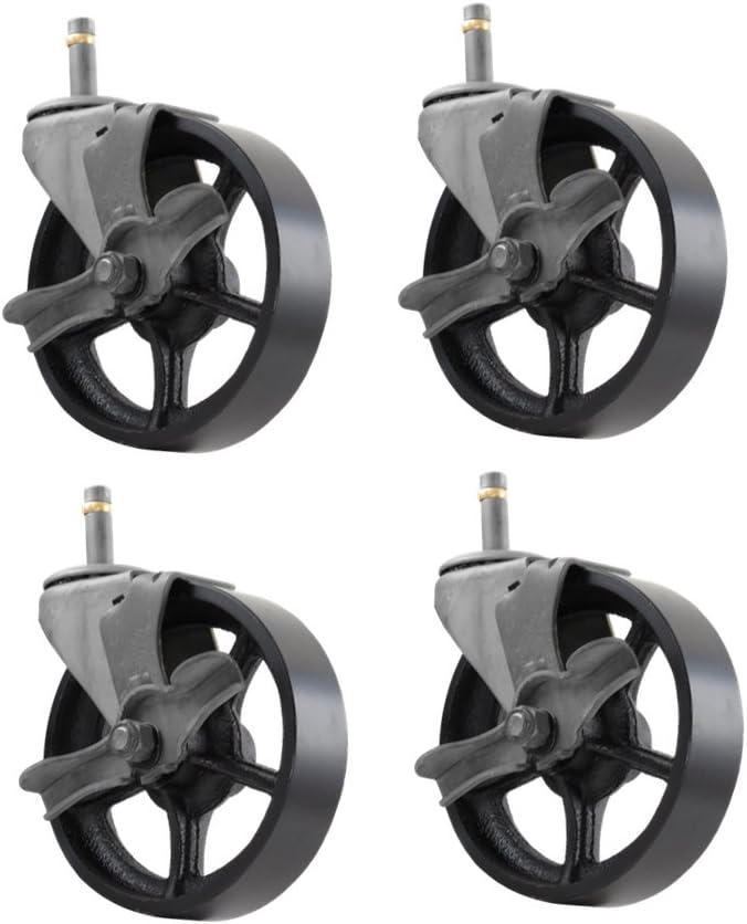 4 Pack - 5" CC Vintage Swivel Caster with Wheel Brake - Grip Stem Mount - Black Cast Iron Wheel