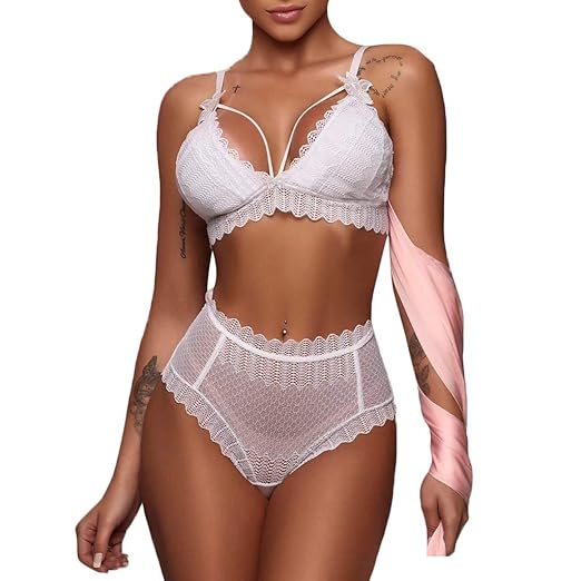 KPPONG 2019 Neueste Damen Spitze Bowknot BH Bra Elastisch Riemchen Hohl Aus Unterwaesche Panty Dessous Babydolls Reizwäsche S