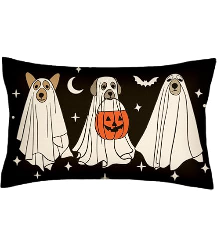 Halloween Pillow Cover 12x20 Inch - Dog Ghosts With Pumpkins Fall Decor Throw Pillowcase