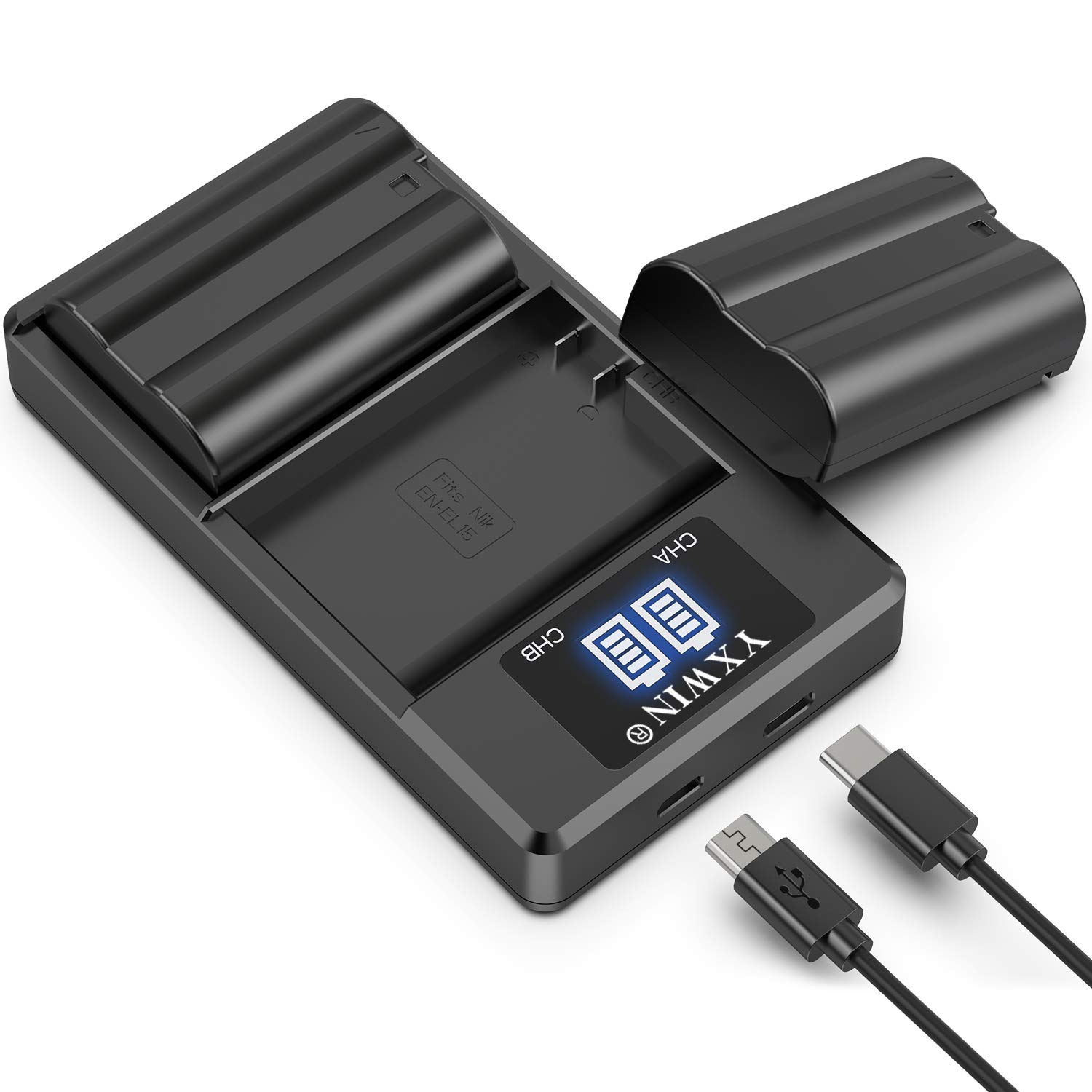 EN-EL15 EN EL15a Camera Battery Charger Set, YXWIN Replacement Batteries Compatible with Nikon d750, d7200, d7500, d850, d7100, d610, d500, MH-25a, d7000, z6, d810 (2-Pack, Micro USB & Type-C Ports)