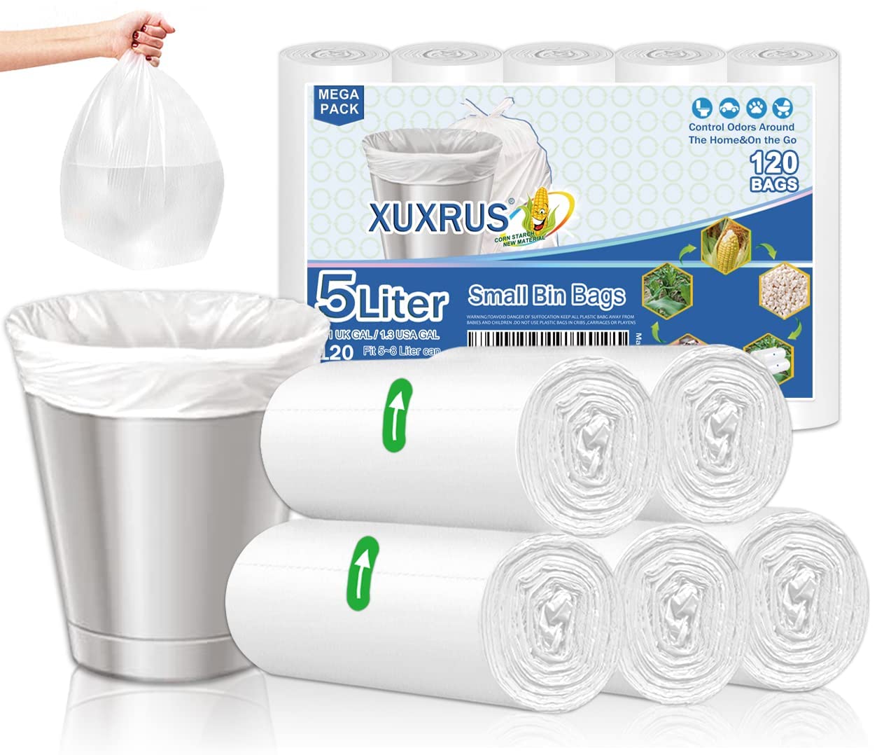 XUXRUS 5 Liter Small Trash Bin Bags Pedal Bin Liners Garbage Bags Wastebasket for Bathroom Kitchen,Office120 Count,White (Fits 5 6 7 8L Bins)