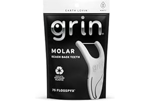 GRIN Molar Flosspyx, Floss Picks, 75 Count, Dental Flossers, Minty Flavor, Recycled Plastic, Great for Reaching Back Teeth, Slide Easily Between Teeth, Includes Safe Soft Fold-Back Tooth Pick