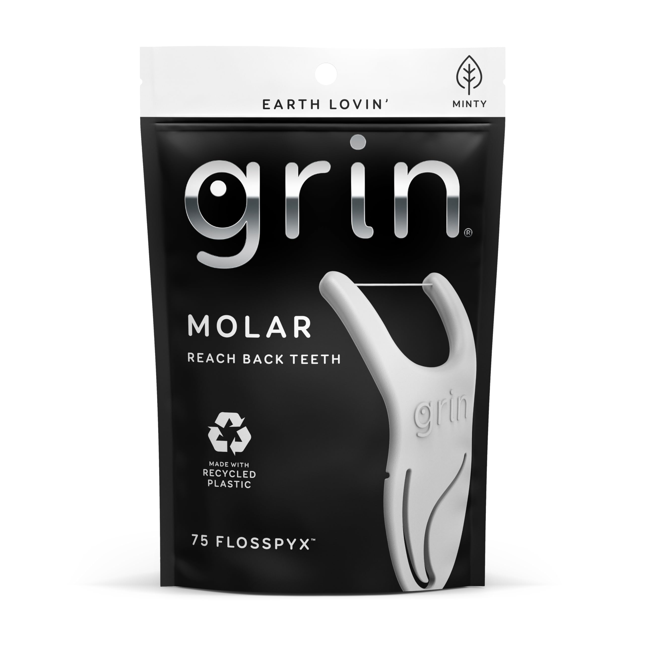 Photo 1 of GRIN Molar Flosspyx, Floss Picks, 75 Count, Dental Flossers, Minty Flavor, Recycled Plastic, Great for Reaching Back Teeth, Slide Easily Between Teeth, Includes Safe Soft Fold-Back Tooth Pick