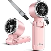 WHATOOK Portable Handheld Turbo Fan: 12m/s Strong Wind Mini Fan for Makeup & Lash, 4000mAh Battery Operated Rechargeable Personal Fan with LED Display, 3 in 1 Foldable Small Fan for Concerts, (Pink)