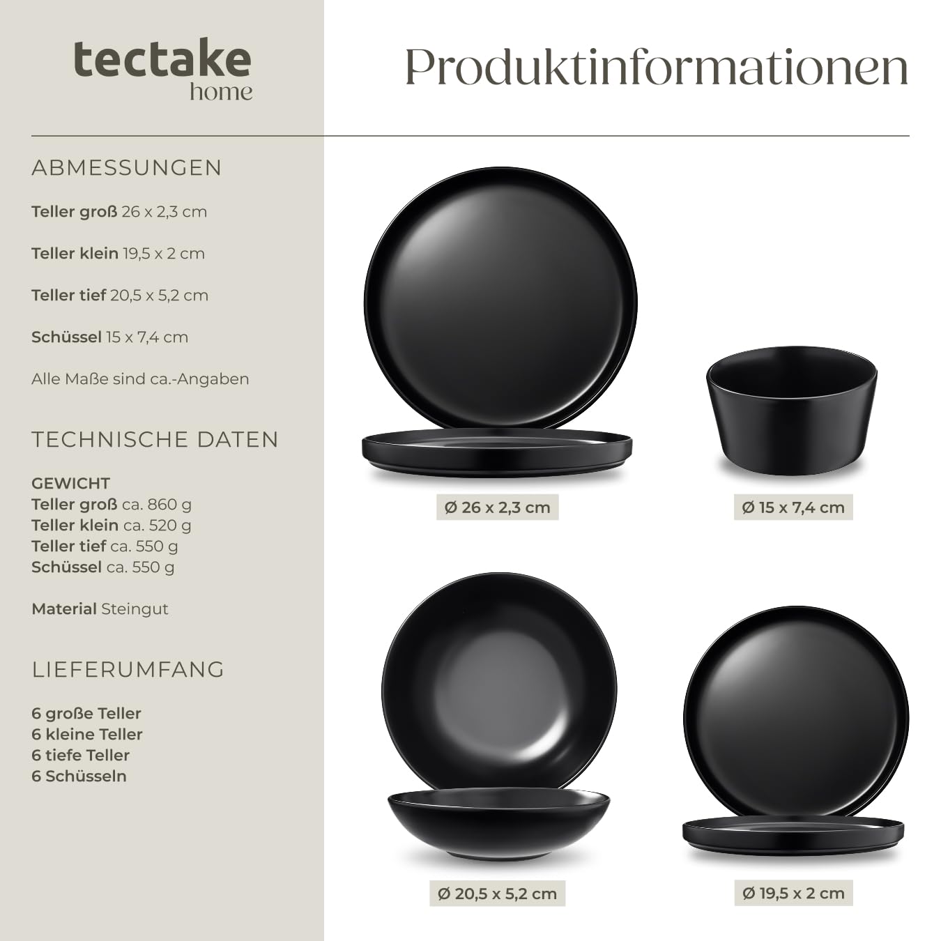 tectake® 24-tlg. Geschirrset, Tafelservice 6 Personen, Steingut Geschirr Set schwarz, Teller Set mit Schalen, Speiseteller, Frühstücksteller, tiefe Teller und Schüsseln - schwarz 6