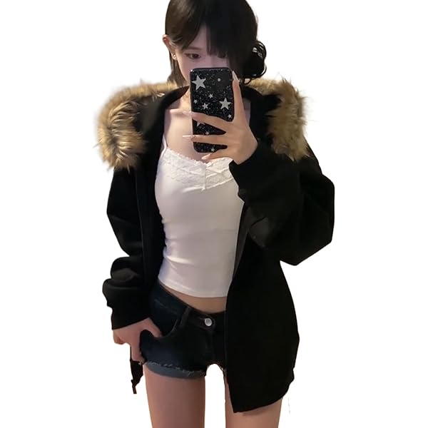Y2k Zip Up Hoodie Fur Jackets Winter Coats Teen Emo Grunge