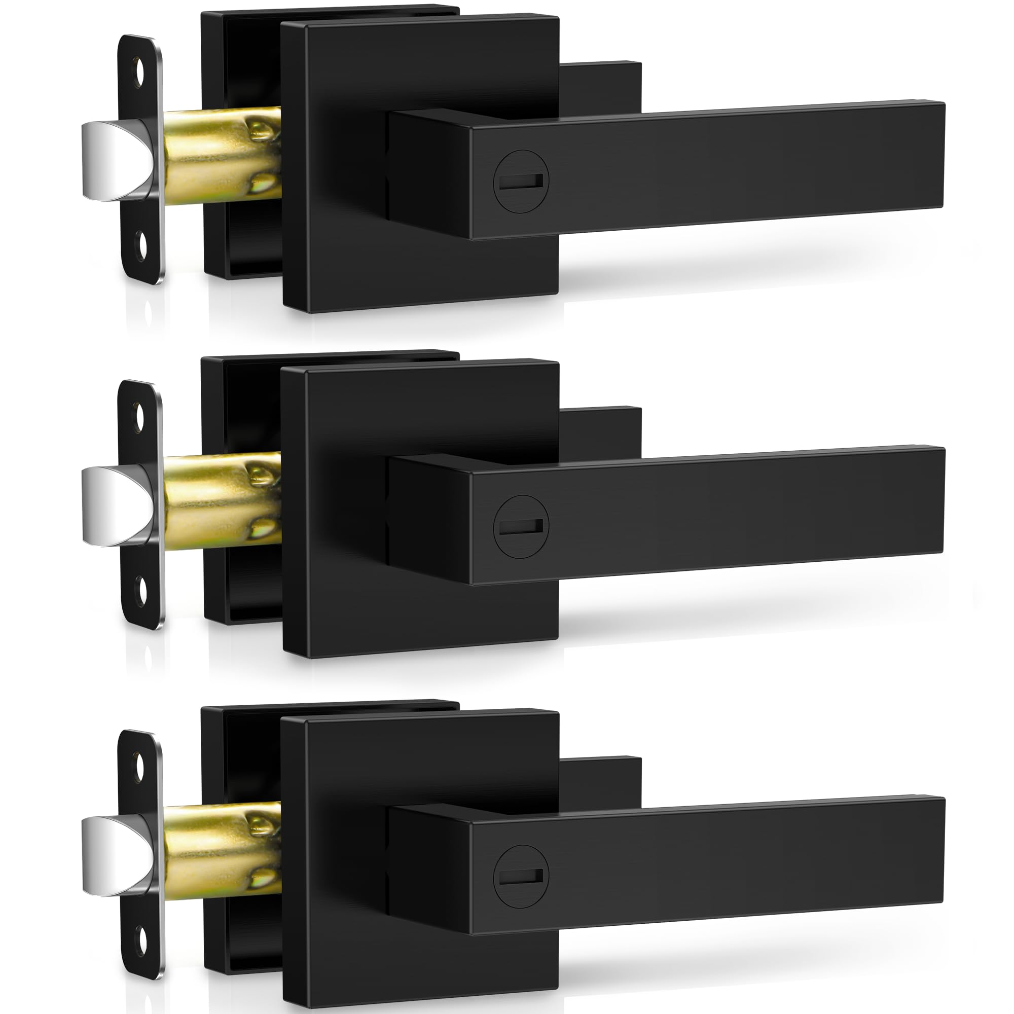 Plustool 3 Pack Matte Black Door Handles, Keyless Interior Door Knobs, Privacy Door Lever Locksets for Bedroom Bathroom, Heavy Duty Square Door Lock, Reversible for Left&Right Handled Doors Image