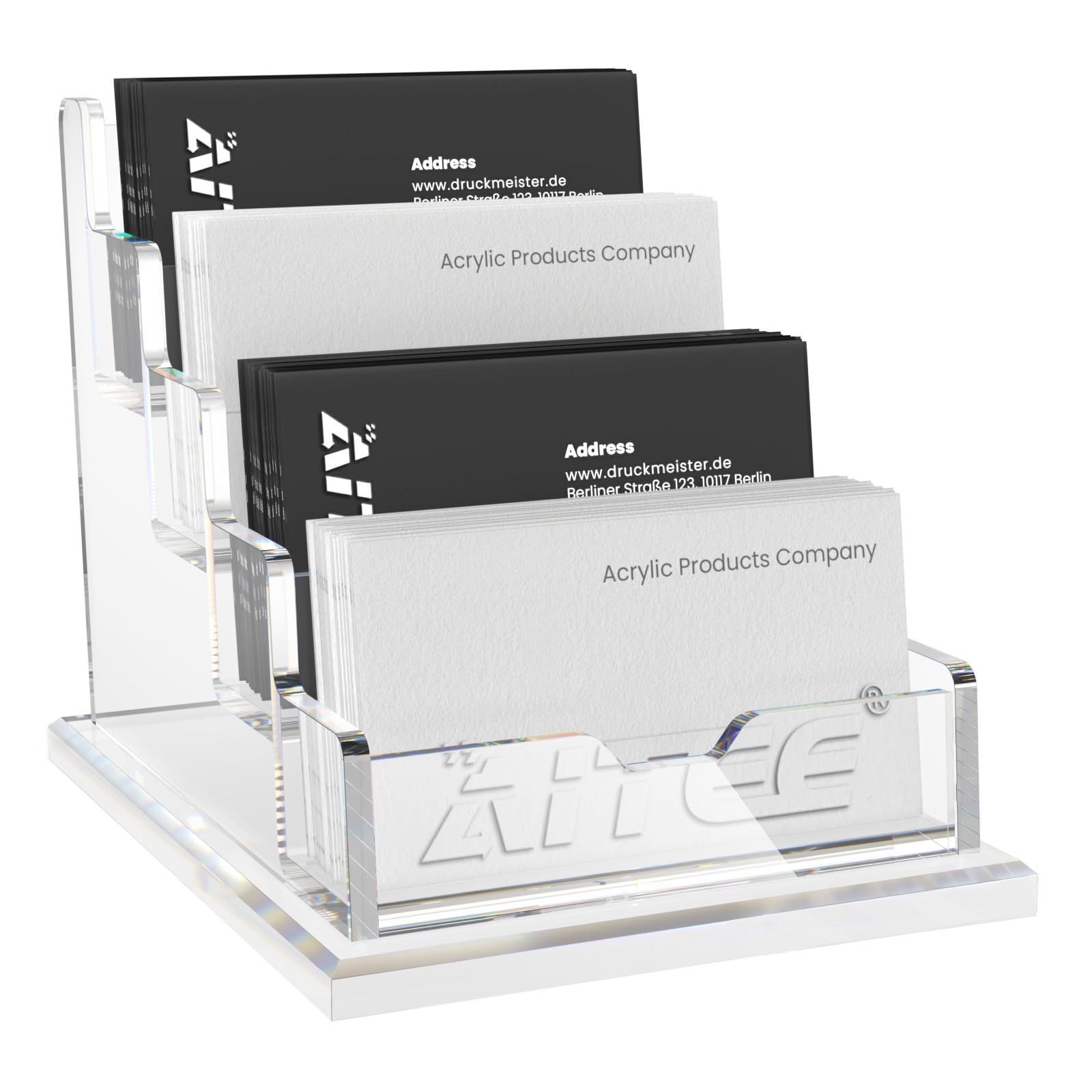 AITEE Business Card Holder for Desk: Clear Acrylic 4 Slot 4 Tier Card Display Stand Holder for Office and Exhibition Countertop , Fits 100-120 Business Cards