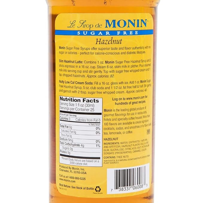 Amazon Com Monin Sugar Free Hazelnut Syrup 750ml 25 4oz Grocery Gourmet Food