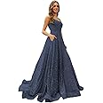 TRHTX Elegant Long Sleeve Sequin Prom Dresses with Slit V Neck Satin Formal Dresses with Pockets