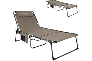 KingCamp Tanning Chair with Face Hole, Lounge Chairs Outdoor Folding Portable Comfy Adjustable 5-Position Lay Flat Foldable Chaise Chaser Lounger for Outside Beach Patio Sun Bathing Pool, Beige
