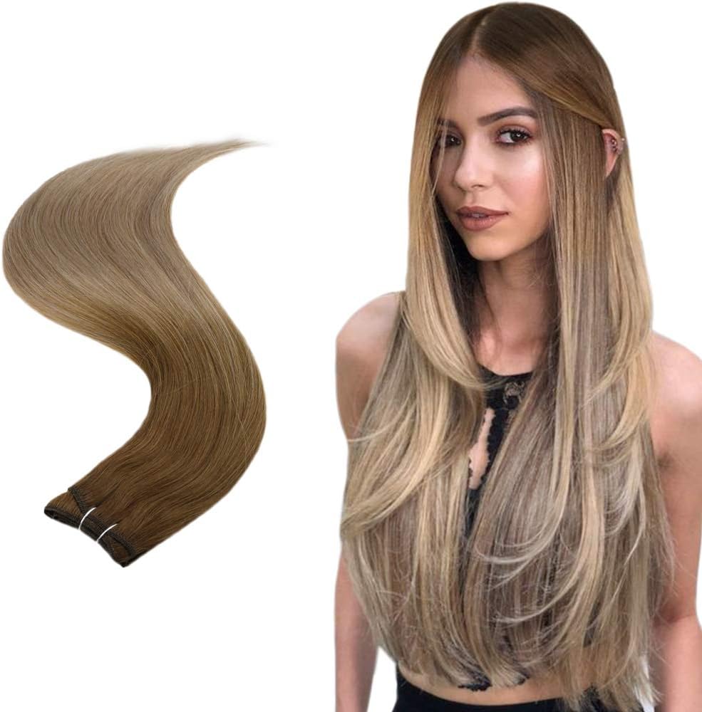 Easyouth Real Hair Extensions Sew in Invisible Hair Golden Brown Fading to Golden Blonde Ombre Hair Extensions Human Hair Weft Balayage Sew in Extensions 14 Inch 70g