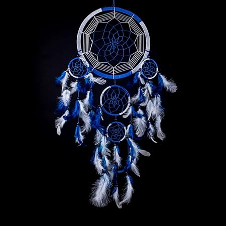Caught Dreams Dream Catcher Handmade Traditional Royal Blue And White 85 Inch Diameter 24 Inches Long