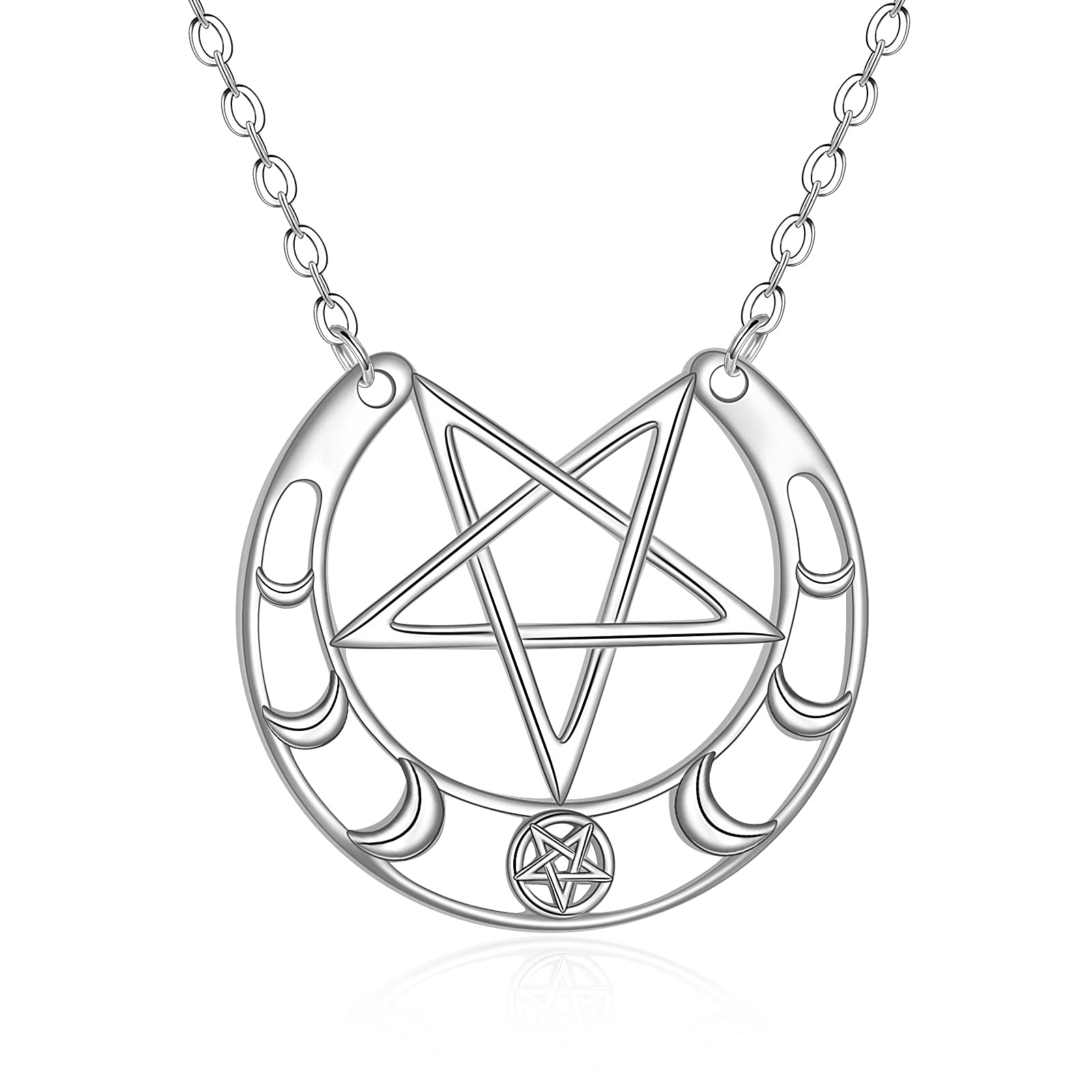 URONE Moon Phase Necklace Sterling Sliver Crescent Moon Pentagram Celestial Necklace Pagan Wiccan Jewelry for Women Her