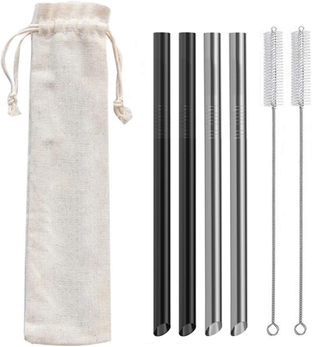 4 Pieces Stainless Steel Reusable Boba & Smoothie Straws With Angled Tips, Jumbo Metal Straws for Bubble Tea/Tapioca Pearls & Smoothies, Eco-Friendly, Silver & Black, 2 Cleaning Brushes & 1 Cotton Bag