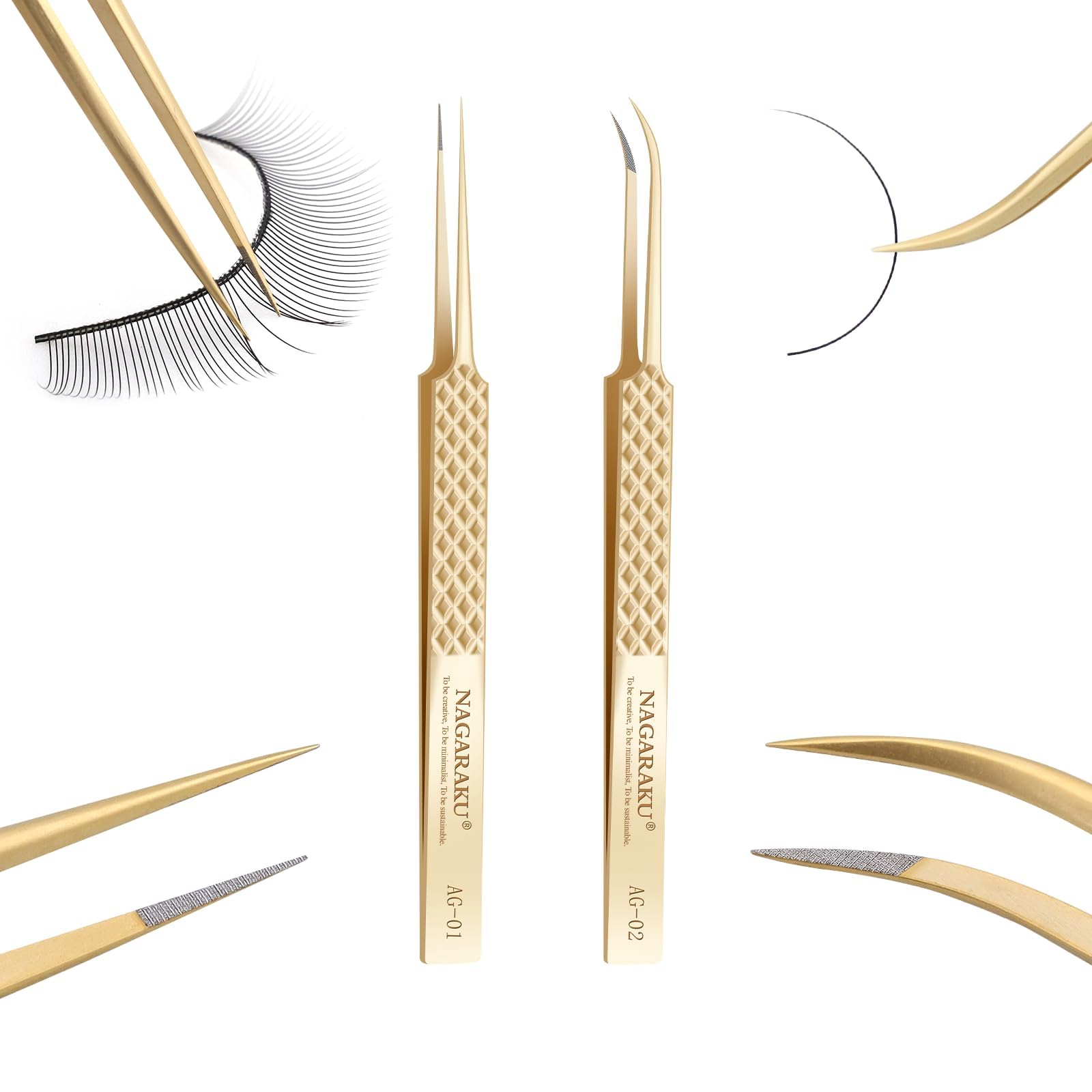 NAGARAKU 1 Pair of Microfibre Tweezers Precision Professional 5 cm Fine Tip Antistatic Straight & Curved Tweezers for Taking Individual Lashes or Pre-Assembled Volumes (AG-01 & AG-02)