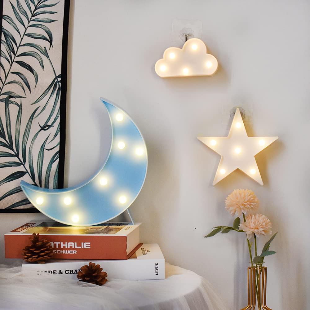 buywin Moon Star Cloud Light Set Mini Plastic Children Night Light Warm Shine Battery Operated LED Table Lamps Moon Star Cloud Shaped Curtoon Lights for Kids Bedroom, Nursery, Home(set4)