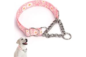 Pink Daisy Stainless Steel Chain Martingale Collar for Dogs, No Pull Slip Choker Choke Collar Training Escape Proof Heavy Dut