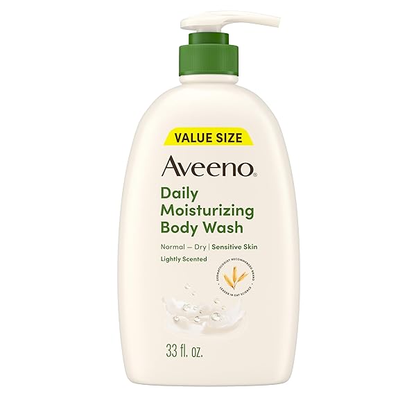AVEENO DAILY MOISTURIZING BODY WASH FOR WOMEN AND MEN FOR DRY & SENSITIVE SKIN, PARABEN, SOAP & DYE-FREE, GENTLE SHOWER CLEANSER, DERMATOLOGIST RECOMMENDED BRAND, LIGHTLY SCENTED, 33 FL OZ