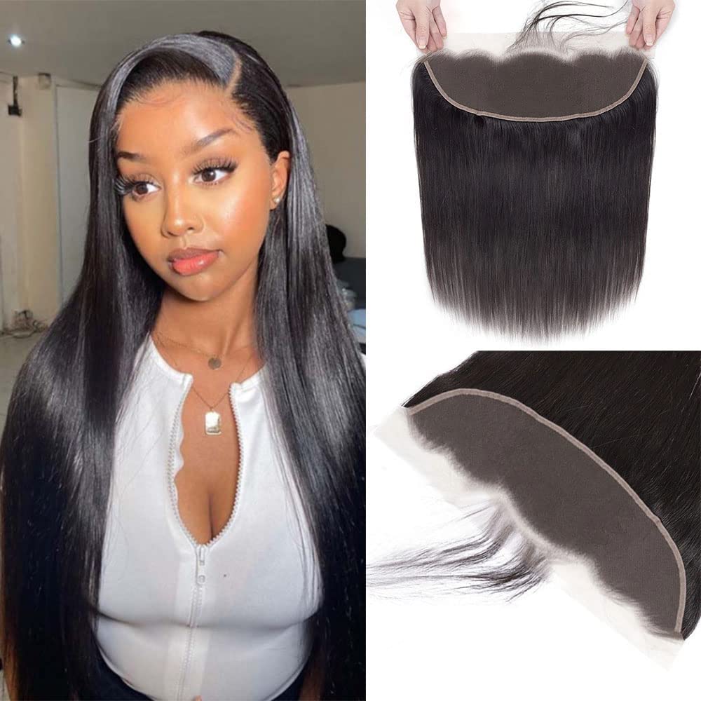 Straight Bundles Human Hair Brazilian Straight Hair 100% Unprocessed Virgin Hair Weave Bundle Human Hair Extensions for Women Natural Color (13x4 frontal 12inch)
