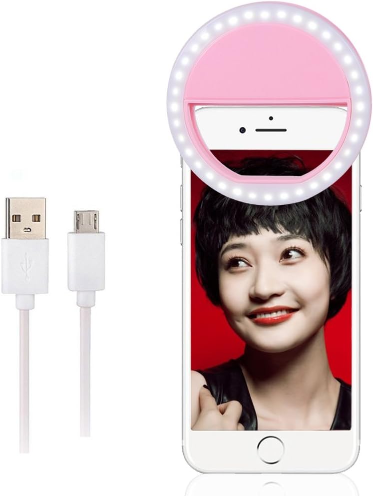 Phone Selfie Light, IRuiYinGo USB Rechargeable 36 LED Selife Ring Light Bulbs with 3-Levels Brightness Portable Clip On Phone, Mini Night Selfie Fill Light (Pink)