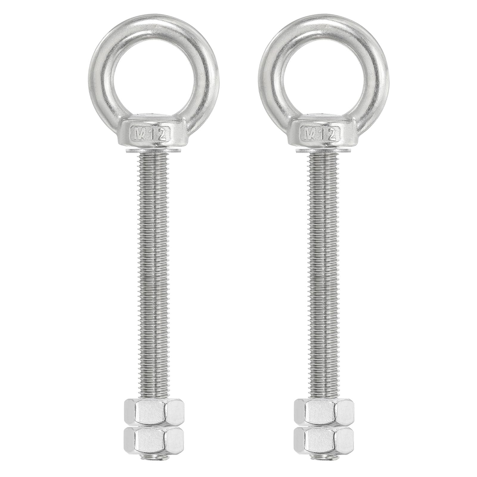 PATIKIL Lifting Shoulder Eye Bolts, 2 Pack M12x100 Screw Bolt 304 Stainless Steel Eye Bolts Threaded Screw Eyebolt Shoulder Ring with Double Nuts Fixed for Lifting Hanging