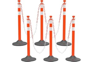 OranclUS 6 Pack Traffic Delineator Post Cones with Plastic Chain Crowd Control Barriers - Expandable 40" Traffic Control Cones, 6 x 6.6 Ft Chains for Indoor & Outdoor Use (Red-Rubber Base)