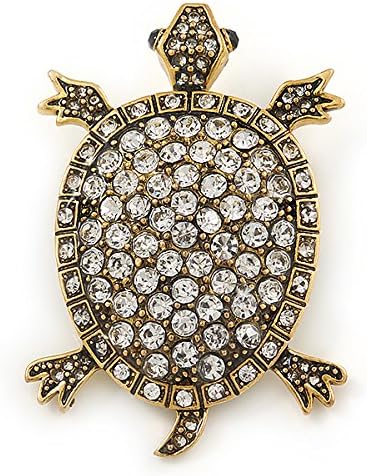 Vintage Inspired Clear Crystal Turtle Brooch In Antique Gold Tone Metal - 60mm L, white / ivory, gold - Image 5