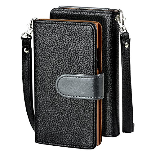 SOJITEK Nokia Lumia 730 735 Premium Two Tone Series Black Color Leather Wallet Case with Stand/ Removable Strap, Card & Money Pockets, ID Window Slots Pouches/ Smart Magnetic Reversible Flap