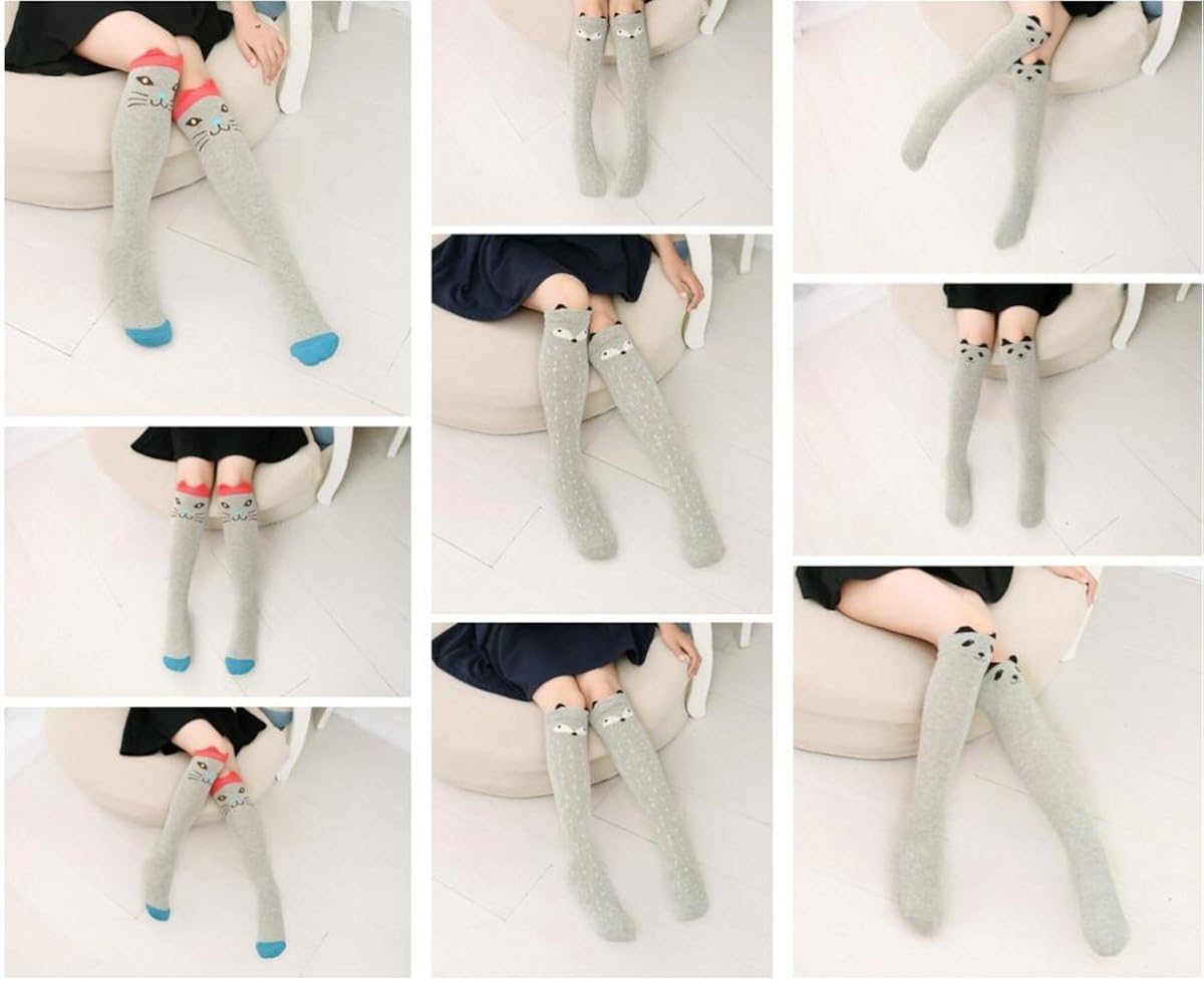 Girl Cartoon Animal Cat Bear Fox Cotton Over Calf Knee High Socks, 15.74-16.53 inch/40-42 cm, Mixed colors: Clothing