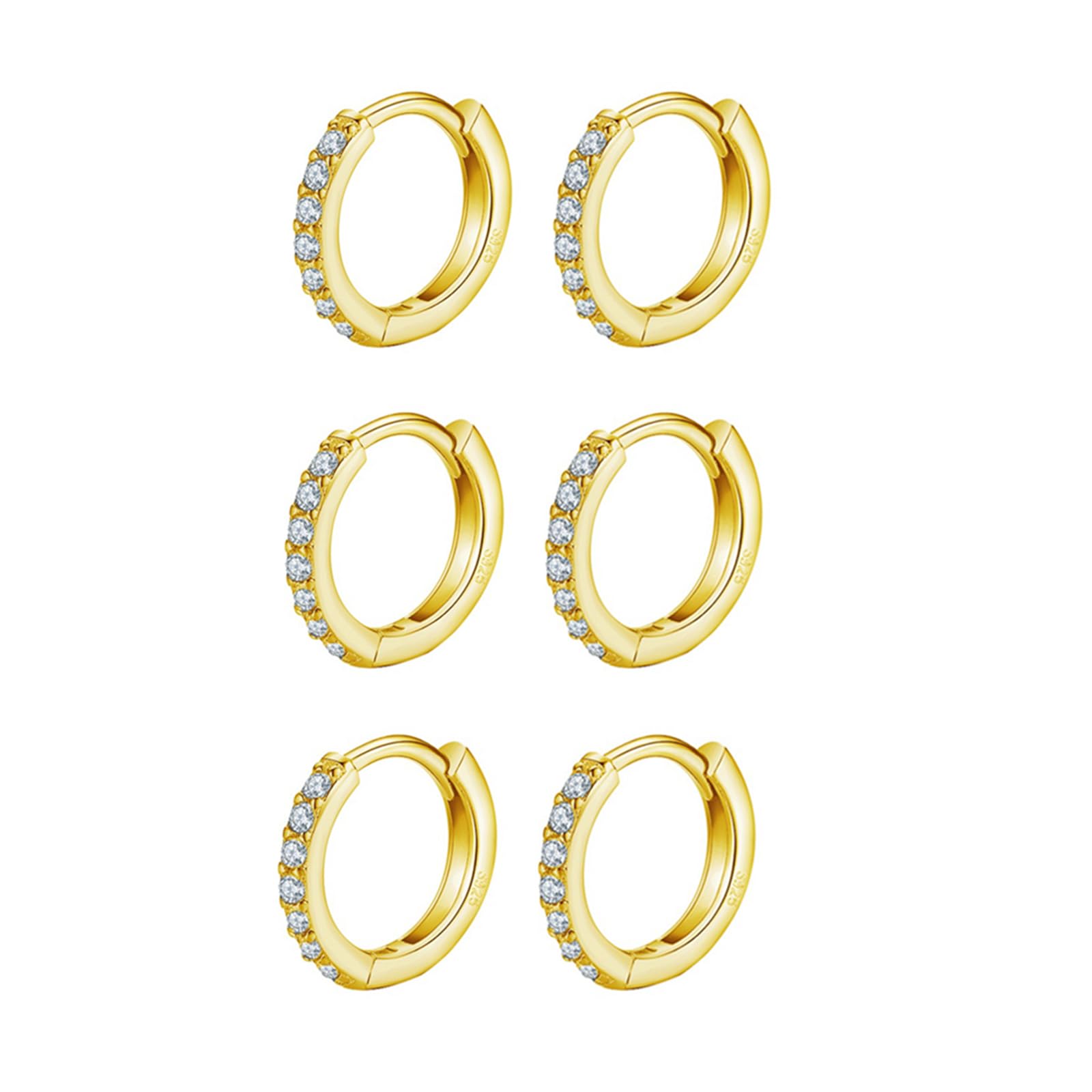 9ct Gold Plated Hoop Earrings, 925 Sterling Silver Post Small Gold Hoop Earrings with AAA Cubic Zirconia, 3 Pairs Small Sleeper Hoops Huggie Hinged Earrings (10mm*3) — image 1