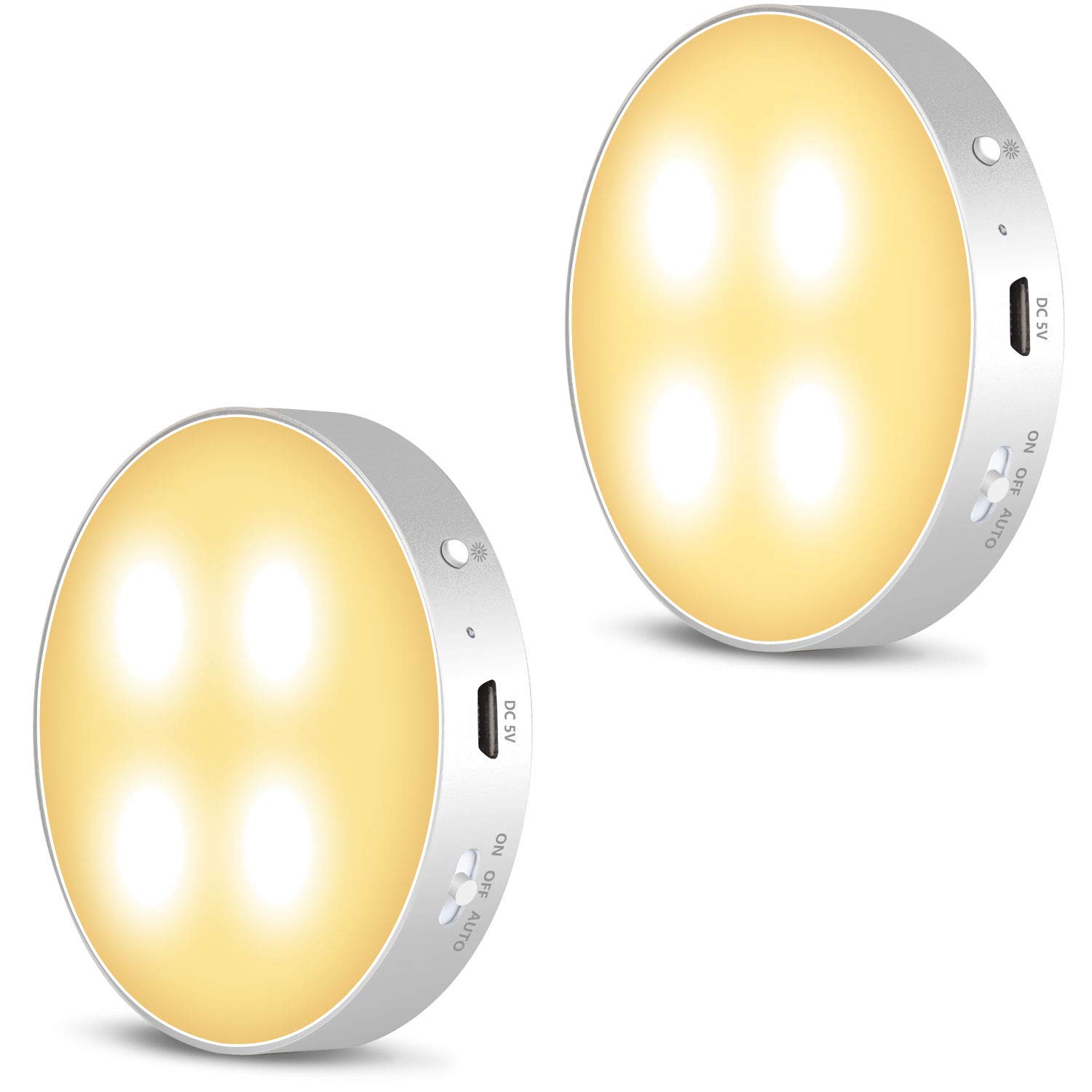 Daffodil LEC022S Warm LED Motion Sensor Night Lights – Rechargeable Wireless Indoor Lamp with Auto On/Off, Magnetic or 3M Stick-On Mount for Stairs, Hallway, Closet, Kitchen, Bedroom – 2 Pack