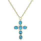 NUZON 14K Gold Plated Gemstone Cross Pendant Necklace for Women Turquoise/Tiger Eye/Amethyst/Obsidian/Moonstone/Rose Quartz Crucifix Faith Protection Jewelry Gift Adjustable Box Chain 18''+ 2''