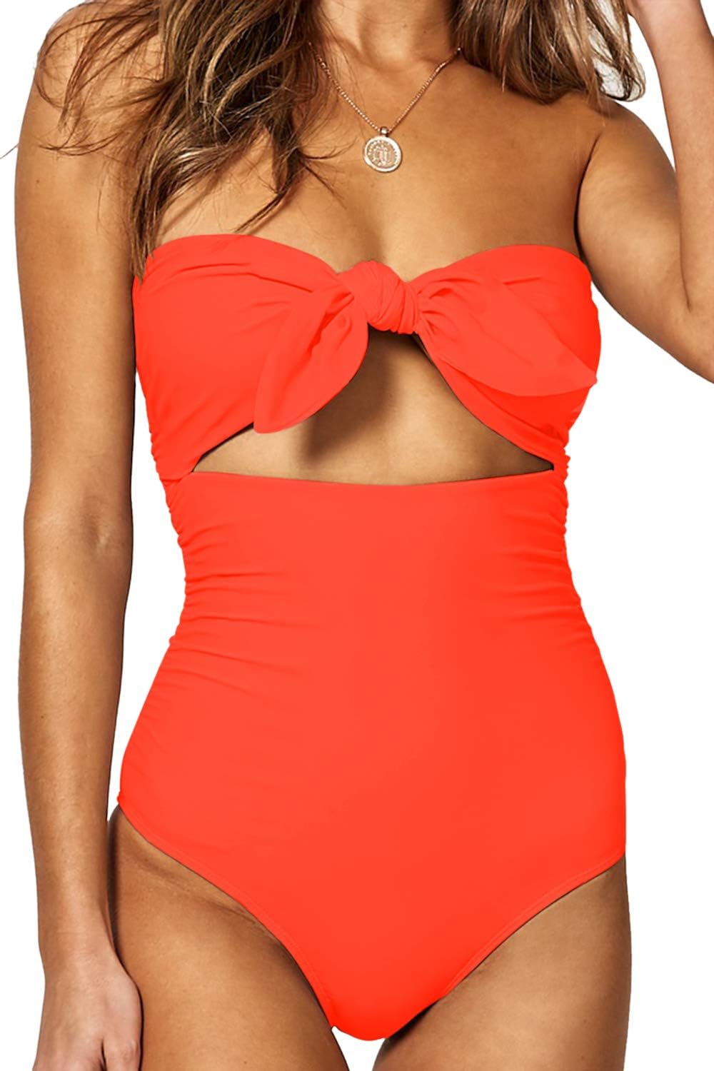 Women's Beandeau Tie Knot Front Cut Out High Waist One Piece Swimsuits