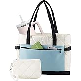 Puffer Tote Bag for Women, Work Bag with Cup Holder, Teacher Bag with Compartments, Quilted Tote Bag with Zipper for Travel