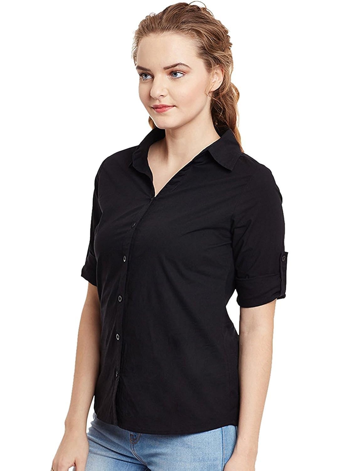 c.cozami women's casual/formal roll-up sleeves blue/red/pink shirts