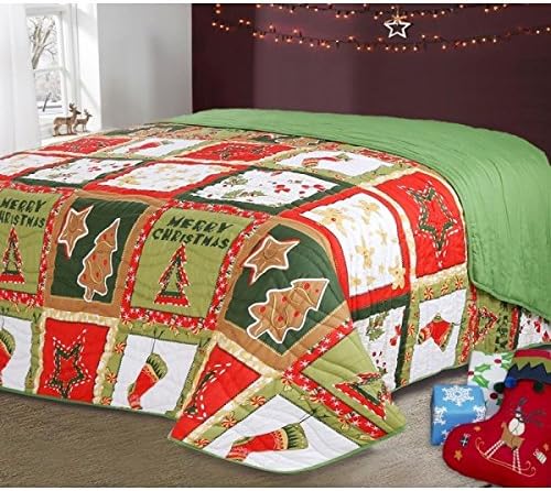 Christmas Reversible Patchwork Bedspread Throw Blanket Red Green Gold Tree Stocking (Christmas Patchwork, Double (225x250cm))